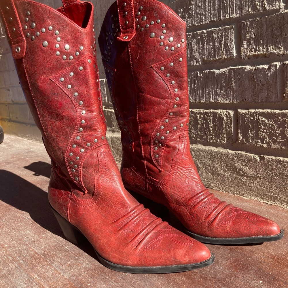 Reba Red Leather Studded Boots